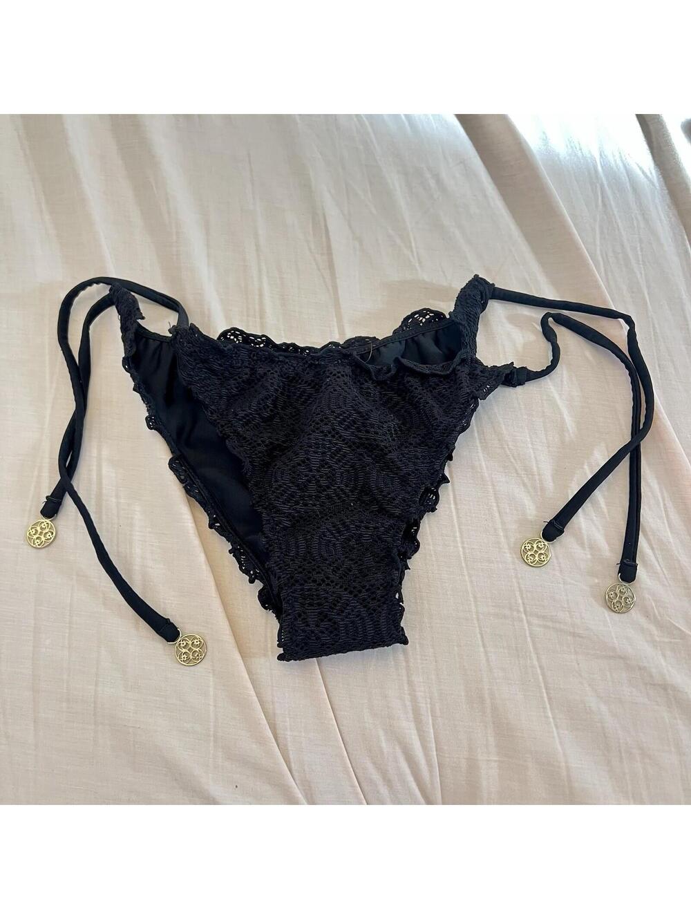 H&M Black Crochet Lace Bikini Bottoms Side Tie Swimsuit US 4 Gold Hardware S